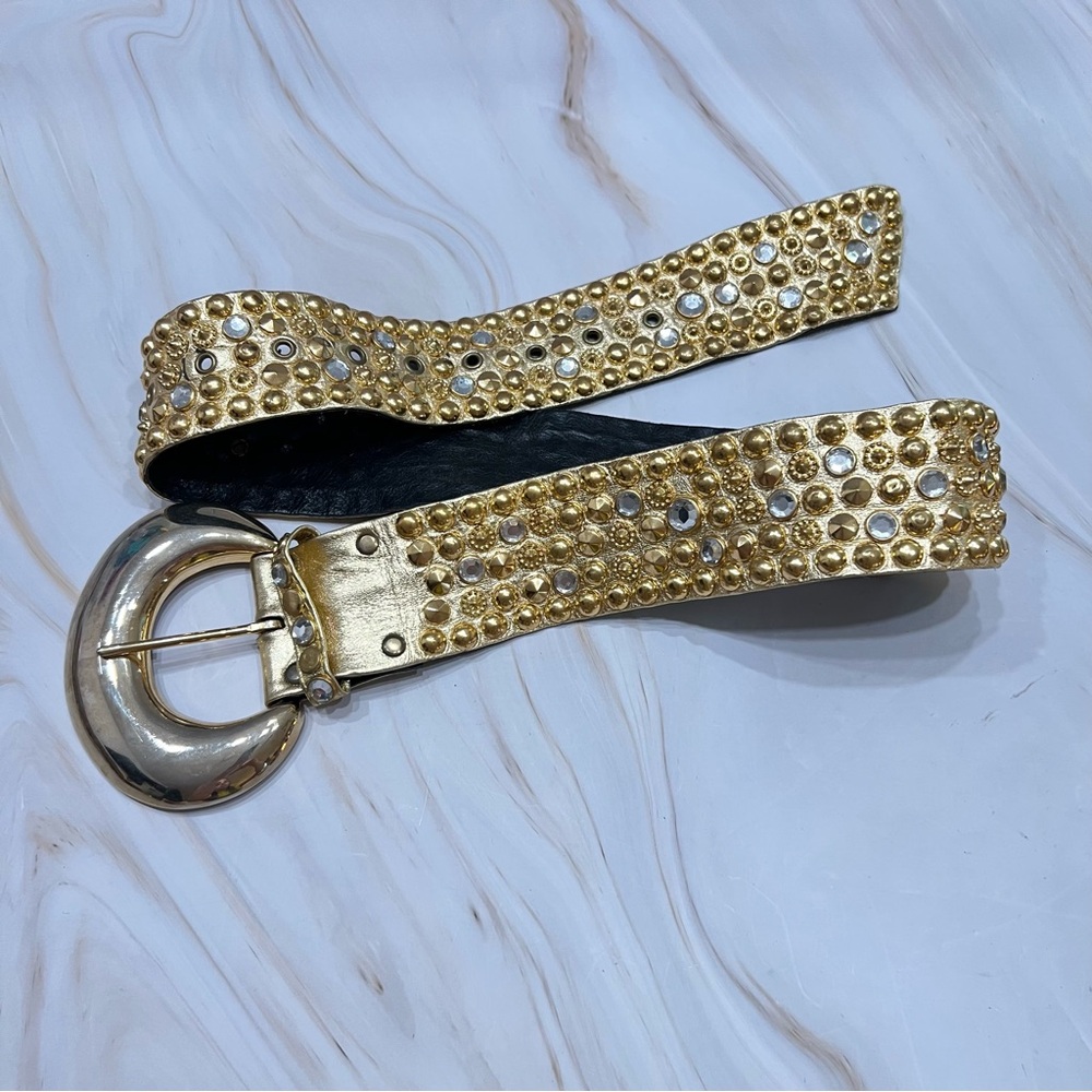 Vintage 90’s Fashion Gold Bedazzled Belt W/Rhinestones Gold Studs Size Small